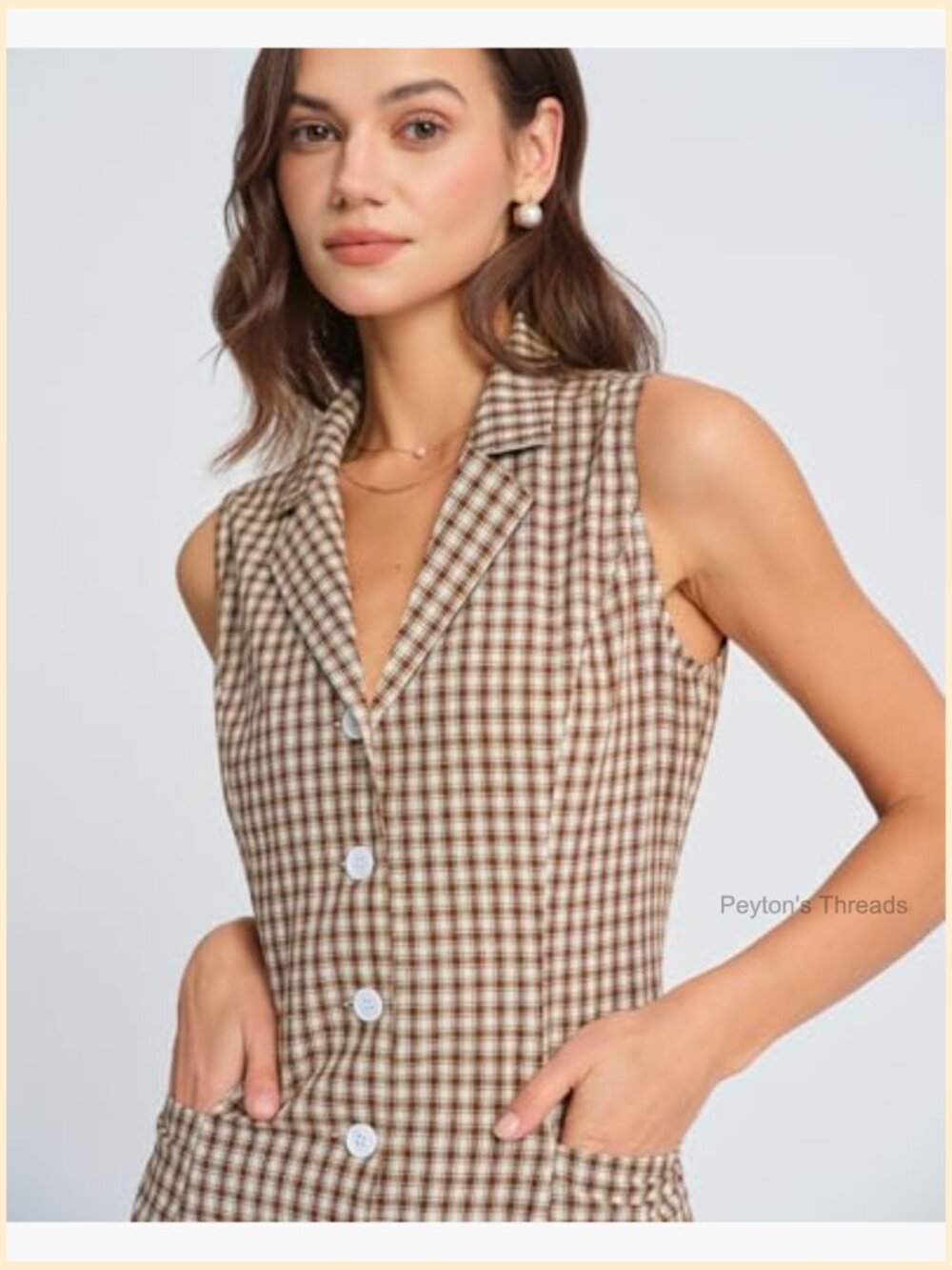 Sleeveless Button Up Midi A Line Dress Work Casual Premium Plaid Dress - Picture 2 of 6